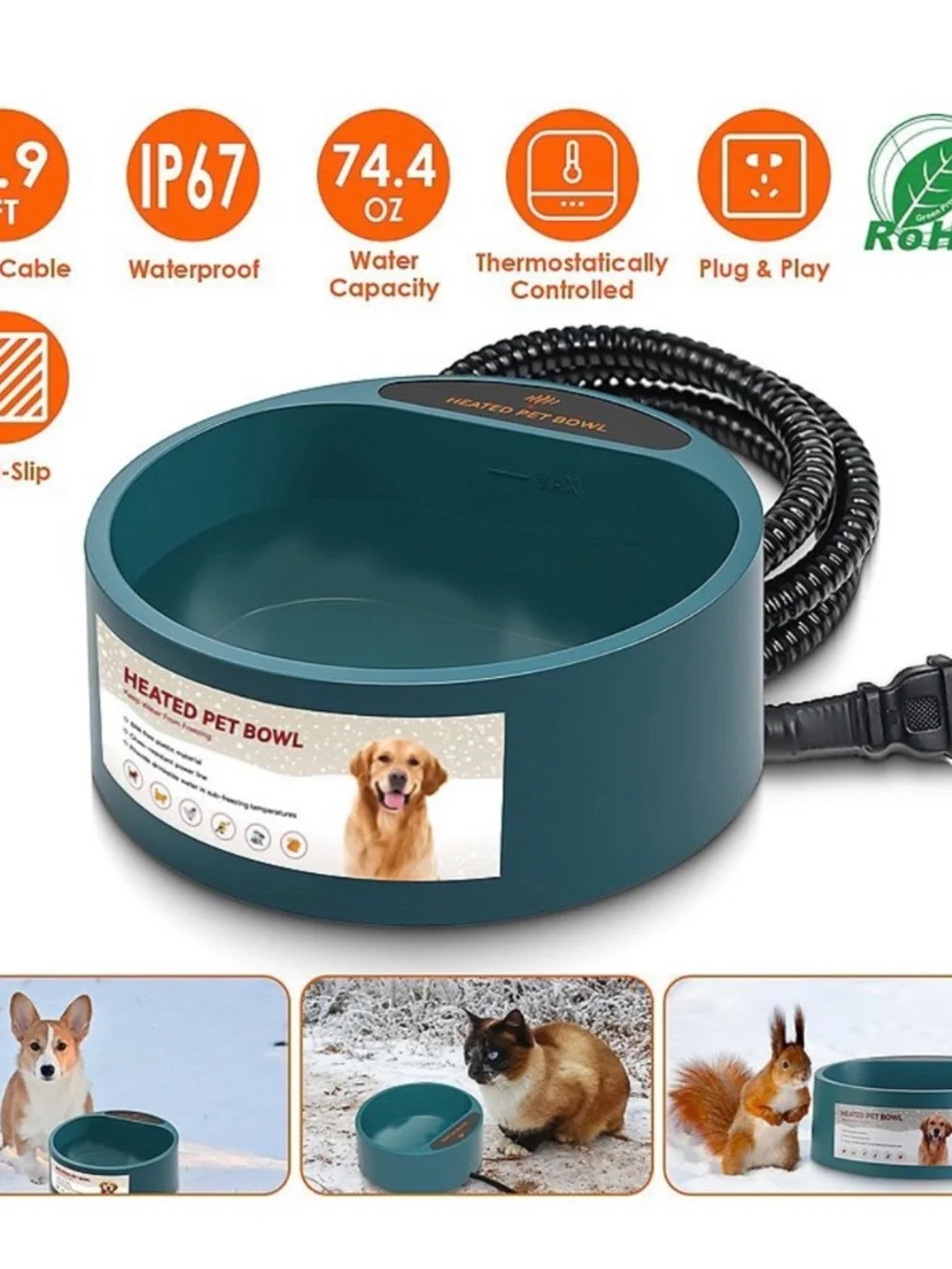 Heated Pet Water Bowl Outdoor Dog Cat Water Dish 74oz New